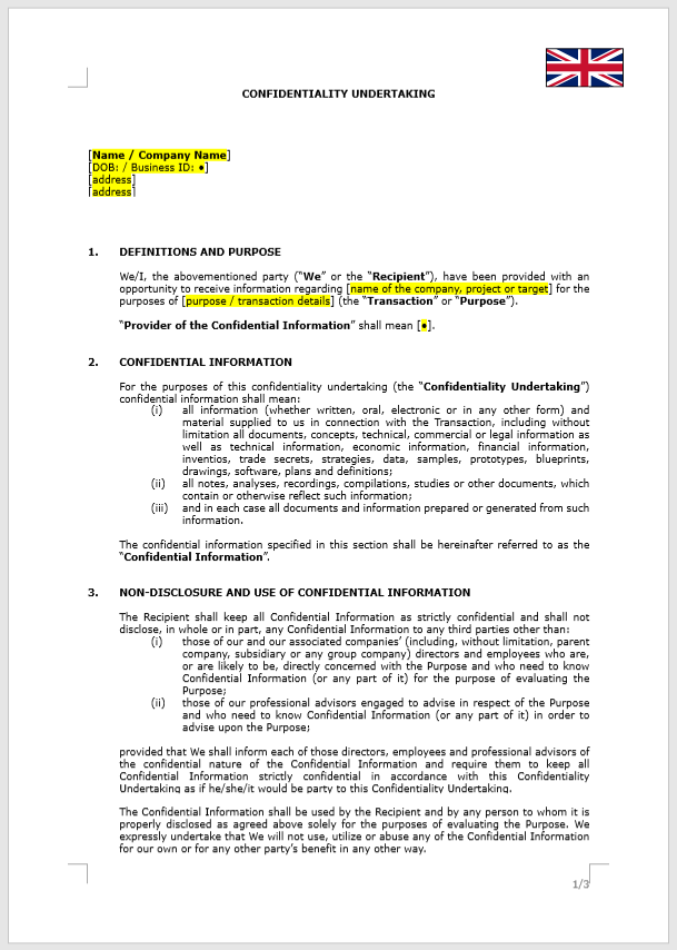 Confidentiality Undertaking (NDU)