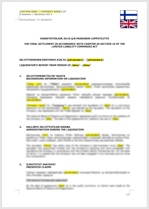 Final Settlement (Liquidation) / Lopputilitys (selvitystila)
