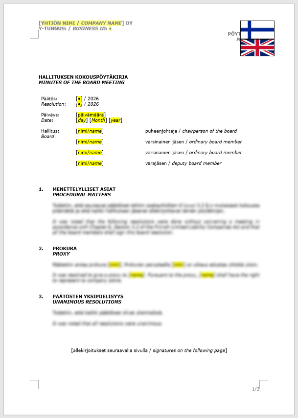 Board Minutes (Proxy) / Hallituksen pöytäkirja (prokura)