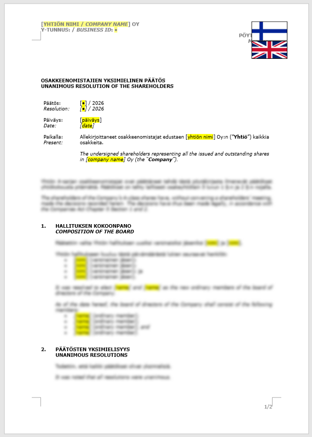 Shareholder Resolution (Board Composition) / Osakkeenomistajan yksimielinen päätös (hallituksen kokoonpano)