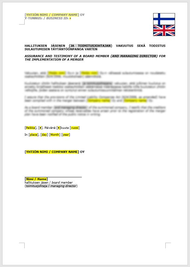 Assurance of a Board Member and MD (Merger) / Hallituksen jäsenen ja toimitusjohtajan vakuutus (sulautuminen)