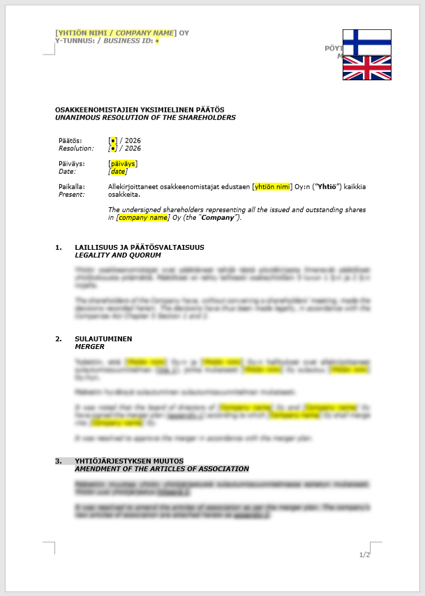 Shareholder Resolution (Merger) / Osakkeenomistajan yksimielinen päätös (sulautuminen)