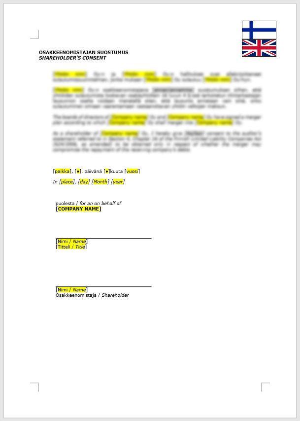 Shareholder’s Consent (Merger – Auditor’s Statement) / Osakkeenomistajan suostumus (sulautuminen – tilintarkastajan lausunto)