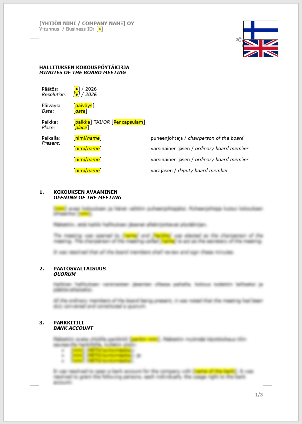 Board Minutes (Bank Account and other Banking Services) / Hallituksen pöytäkirja (pankkitili ja muut pankkiasiat)