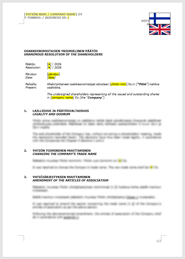 Shareholder Resolution (Company’s Trade Name & Articles of Association) / Osakkeenomistajan yksimielinen päätös (toiminimi ja yhtiöjärjestys)