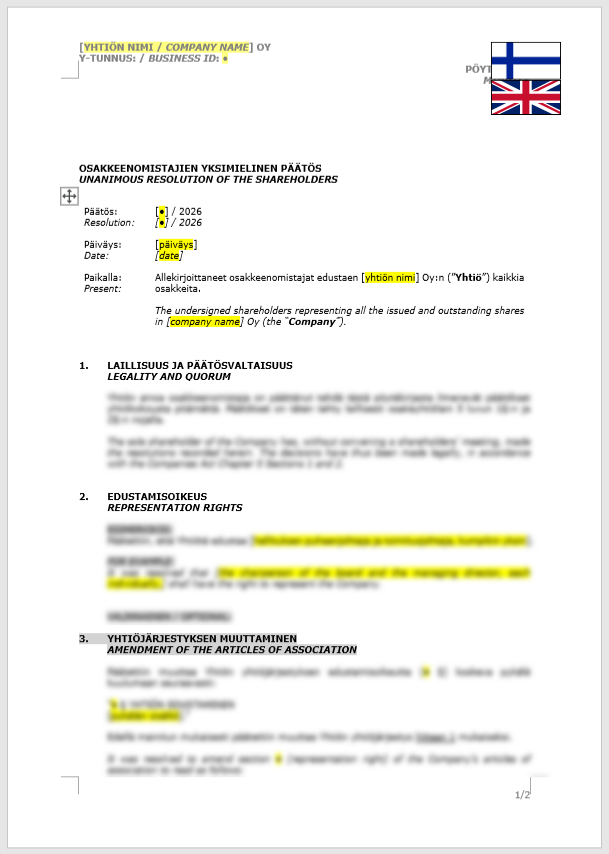Shareholder Resolution (Representation Rights & Articles of Association) / Osakkeenomistajan yksimielinen päätös (edustamisoikeus ja yhtiöjärjestys)