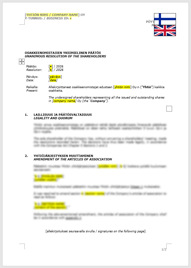 Shareholder Resolution (Amendment of the Articles of Association) / Osakkeenomistajan yksimielinen päätös (yhtiöjärjestyksen muutos)