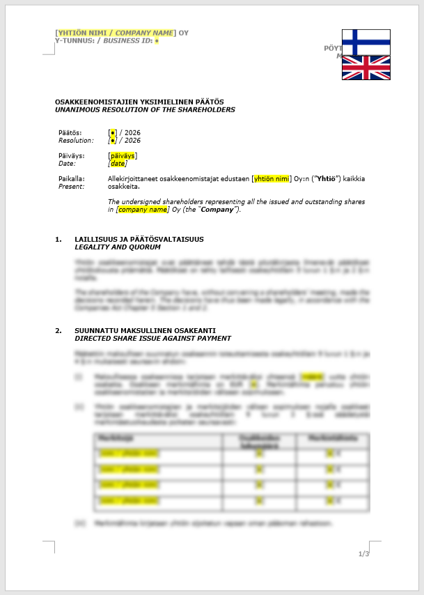 Shareholder Resolution (Directed Share Issue Against Payment) / Osakkeenomistajan yksimielinen päätös (suunnattu maksullinen osakeanti)