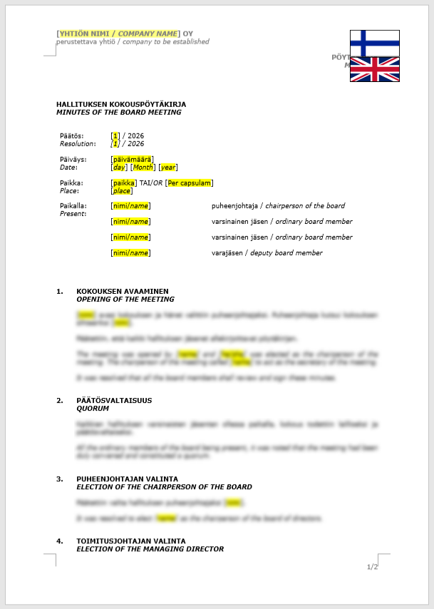 Board Minutes (Election of a chairperson and MD) / Hallituksen pöytäkirja (Hallituksen puheenjohtajan ja toimitusjohtajan valinta)