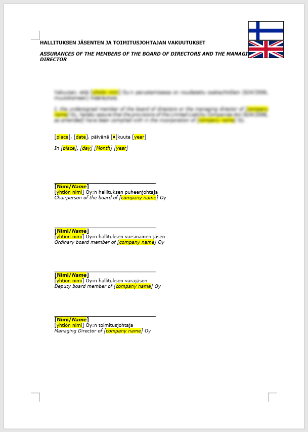 Assurance of a Board Member & MD / Hallituksen jäsenen ja toimitusjohtajan vakuutus