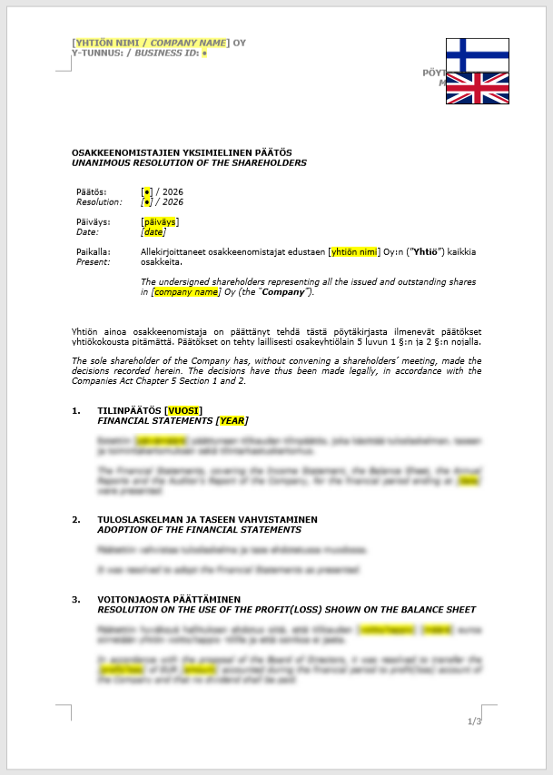 Shareholder Resolution (Annual General Meeting) / Osakkeenomistajan yksimielinen päätös (Varsinainen yhtiökokous)