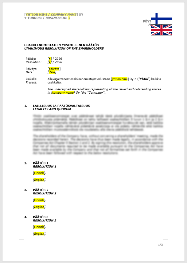 Shareholder Resolution (blank) / Osakkeenomistajan yksimielinen päätös (tyhjä)