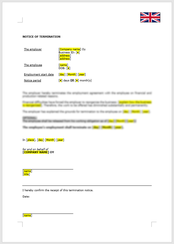 Notice of termination (financial and production related grounds)