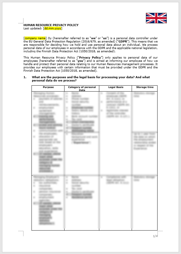 Human Resource Privacy Policy (GDPR)