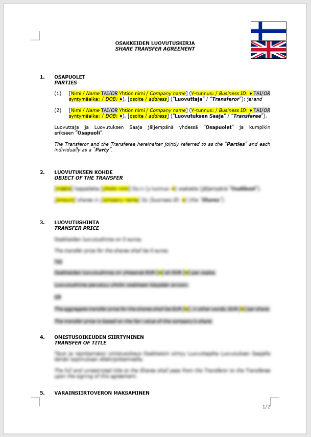 Share Transfer Agreement / Osakkeiden luovutuskirja