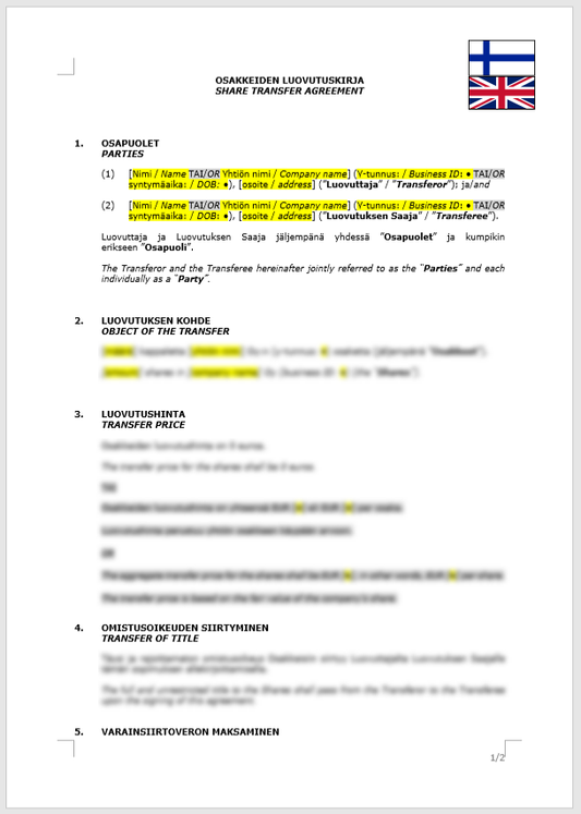 Share Transfer Agreement / Osakkeiden luovutuskirja