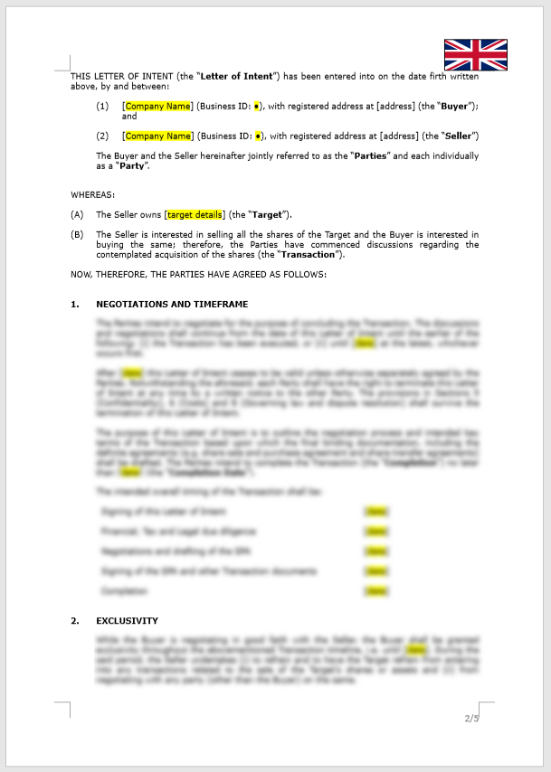 Letter of Intent (M&A transactions)