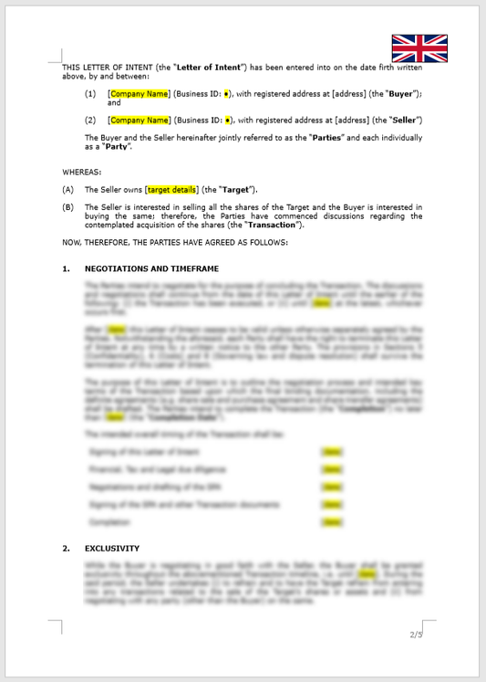 Letter of Intent (M&A transactions)