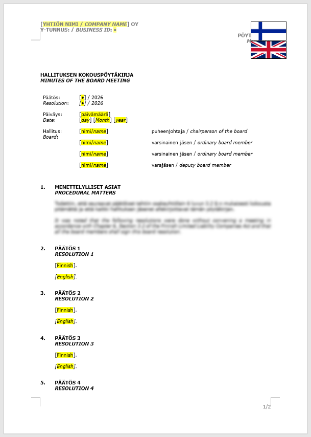 Board Minutes (blank) / Hallituksen pöytäkirja (tyhjä)