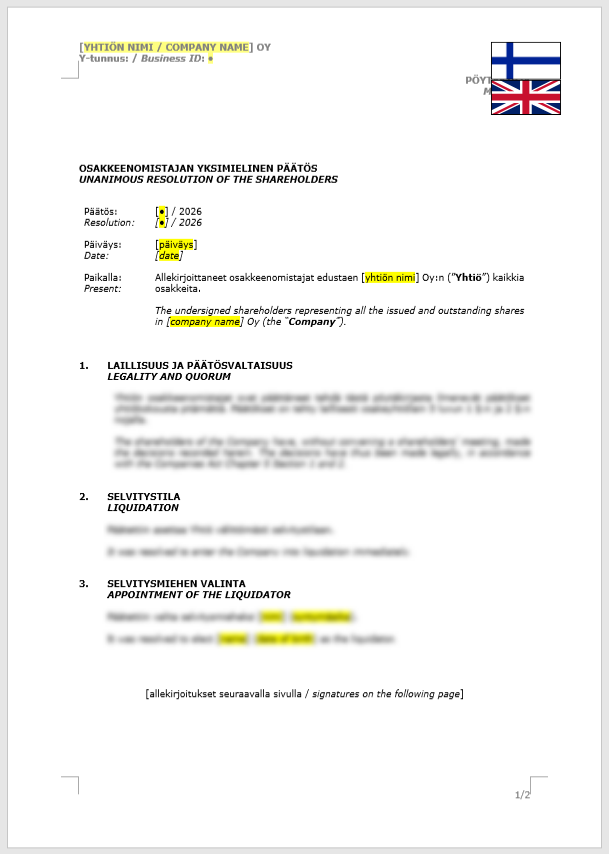 Shareholder Resolution (Liquidation) / Osakkeenomistajan yksimielinen päätös (selvitystila)