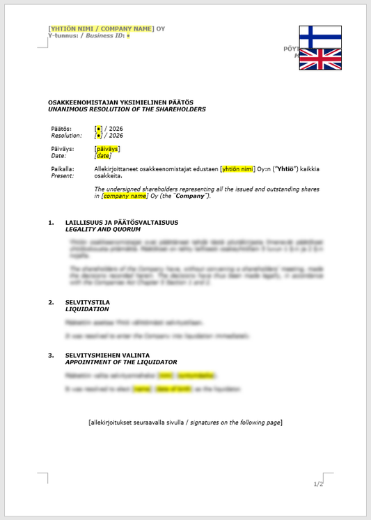 Shareholder Resolution (Liquidation) / Osakkeenomistajan yksimielinen päätös (selvitystila)