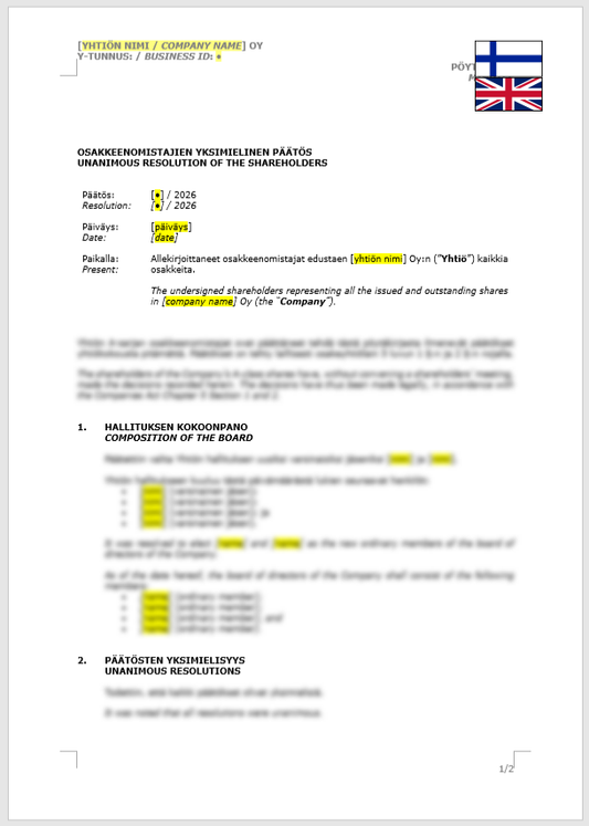 Shareholder Resolution (Board Composition) / Osakkeenomistajan yksimielinen päätös (hallituksen kokoonpano)