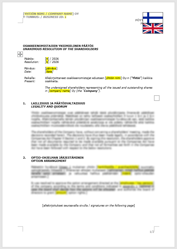 Shareholder Resolution (Option Arrangement) / Osakkeenomistajan yksimielinen päätös (optio-ohjelman järjestäminen)
