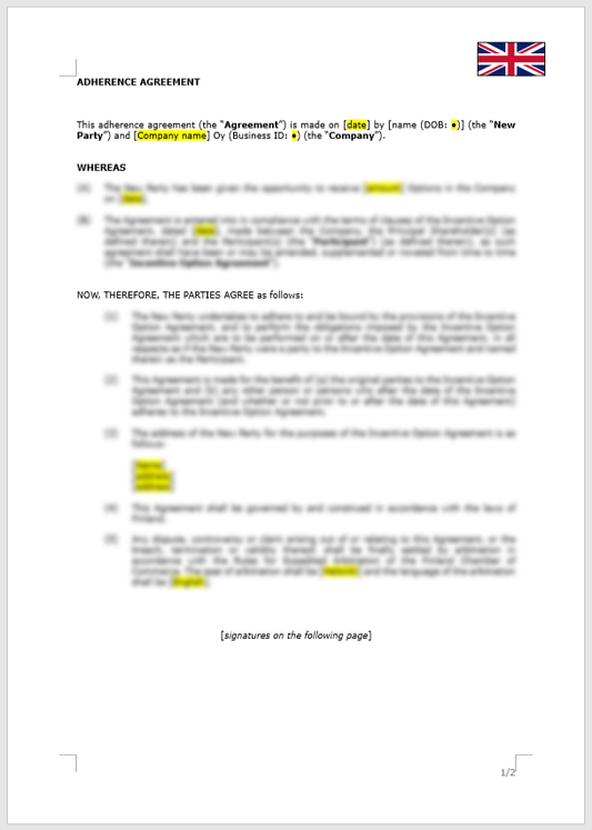 Adherence Agreement (regarding the Incentive Option Agreement)