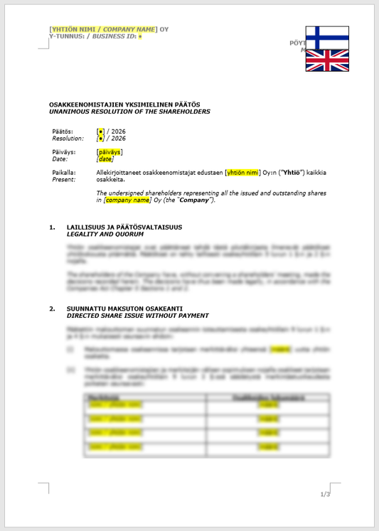 Shareholder Resolution (Directed Share Issue Without Payment) / Osakkeenomistajan yksimielinen päätös (suunnattu maksuton osakeanti)