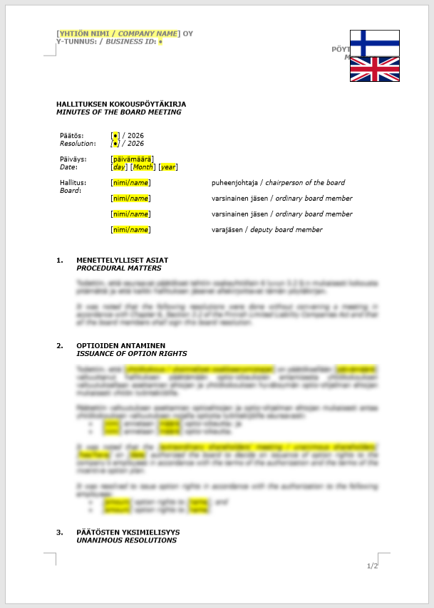 Board Minutes (Issuance of option rights) / Hallituksen pöytäkirja (optioiden antaminen)