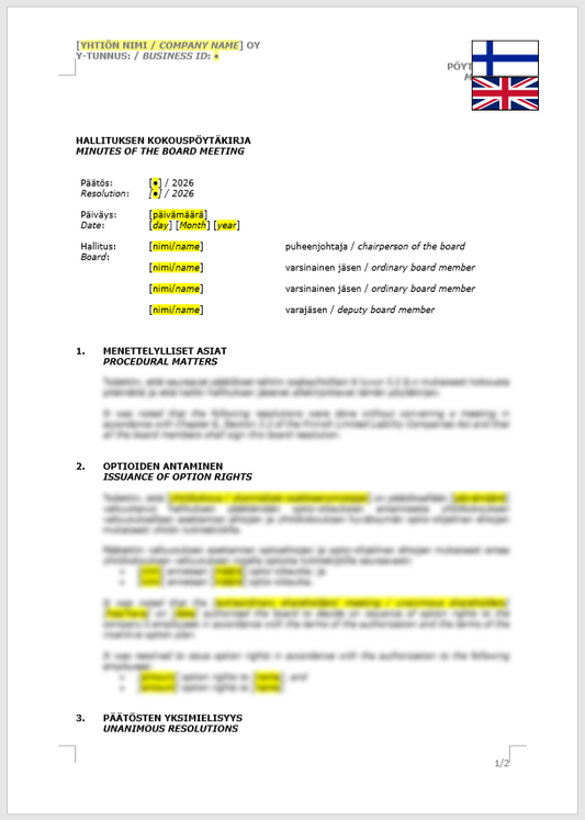 Board Minutes (Issuance of option rights) / Hallituksen pöytäkirja (optioiden antaminen)