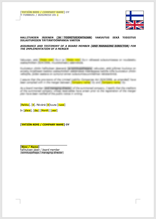 Assurance of a Board Member and MD (Merger) / Hallituksen jäsenen ja toimitusjohtajan vakuutus (sulautuminen)