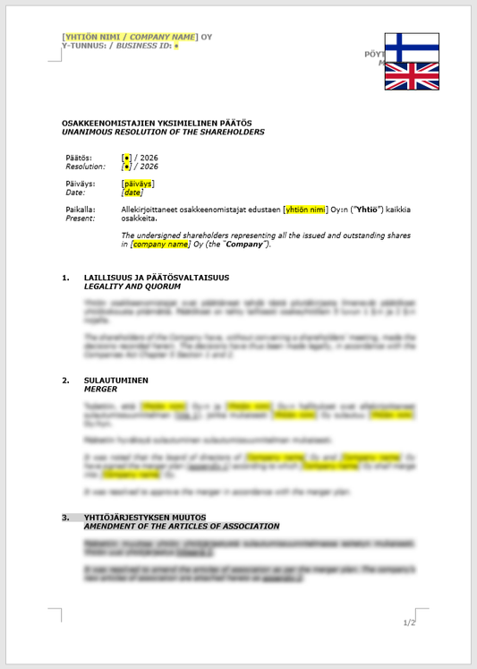 Shareholder Resolution (Merger) / Osakkeenomistajan yksimielinen päätös (sulautuminen)
