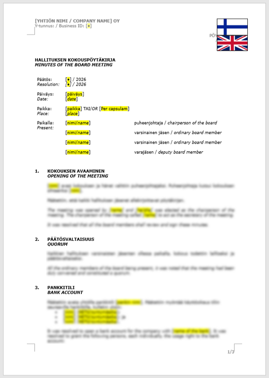 Board Minutes (Bank Account and other Banking Services) / Hallituksen pöytäkirja (pankkitili ja muut pankkiasiat)