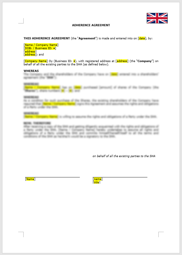 Adherence Agreement (regarding the SHA)
