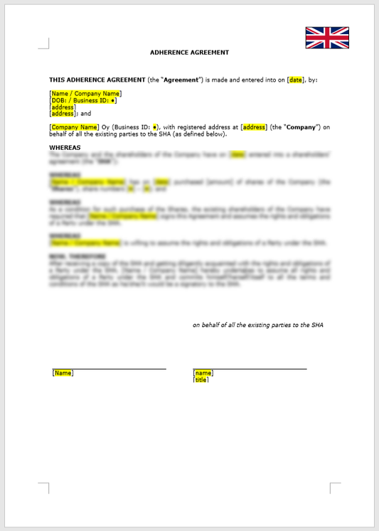 Adherence Agreement (regarding the SHA)