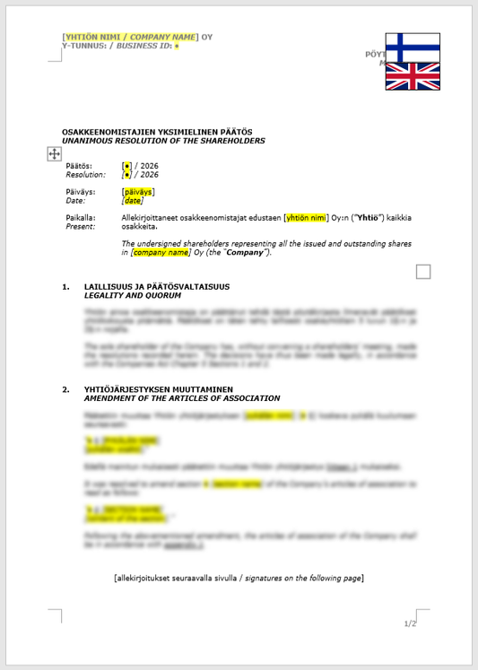 Shareholder Resolution (Amendment of the Articles of Association) / Osakkeenomistajan yksimielinen päätös (yhtiöjärjestyksen muutos)