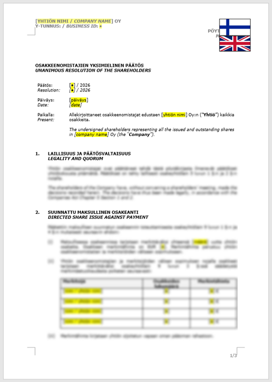 Shareholder Resolution (Directed Share Issue Against Payment) / Osakkeenomistajan yksimielinen päätös (suunnattu maksullinen osakeanti)