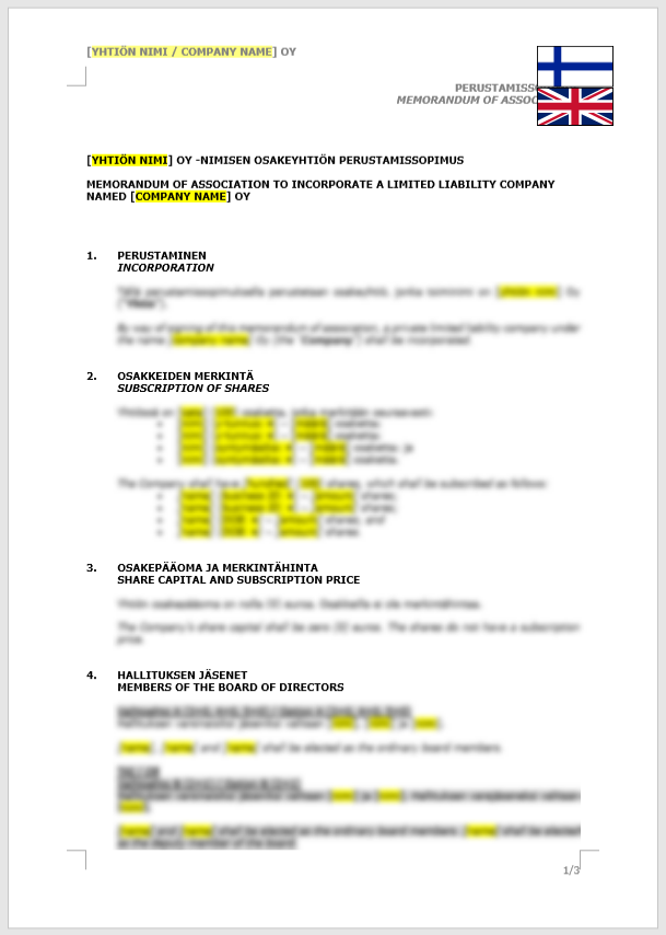 Memorandum of incorporation / Perustamissopimus
