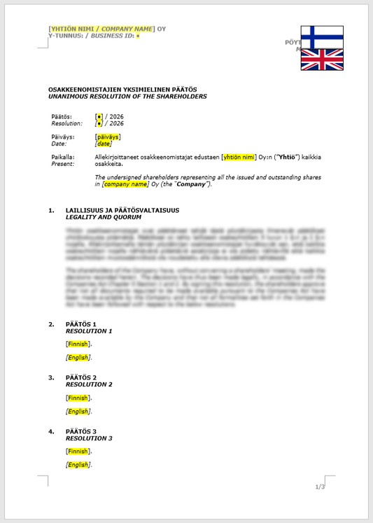Shareholder Resolution (blank) / Osakkeenomistajan yksimielinen päätös (tyhjä)