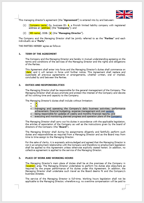 Managing Director's Agreement