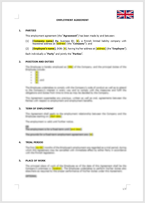 Employment Agreement Finnish law Finland Work Contract