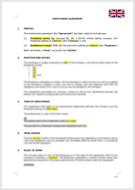 Employment Agreement Finnish law Finland Work Contract