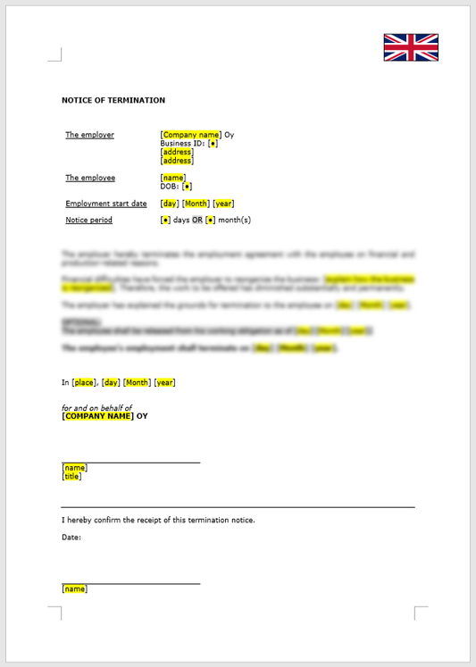 Notice of termination (financial and production related grounds)