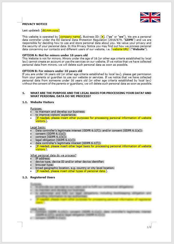 Privacy Notice for a Website (GDPR)