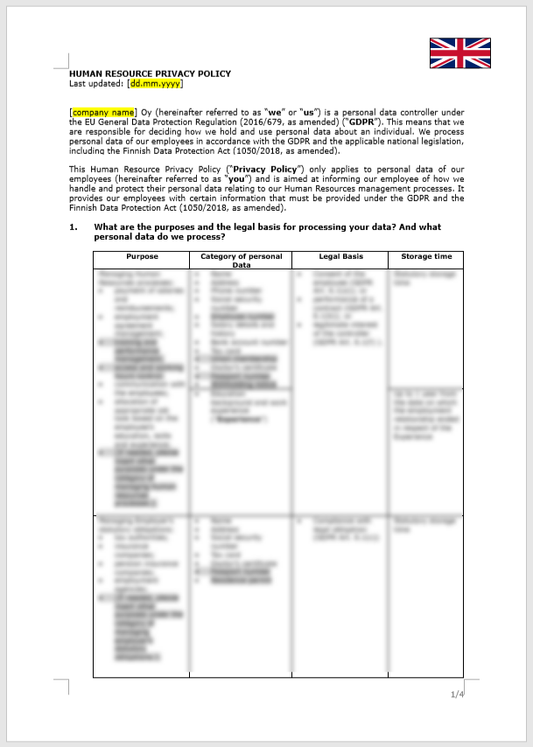 Human Resource Privacy Policy (GDPR)