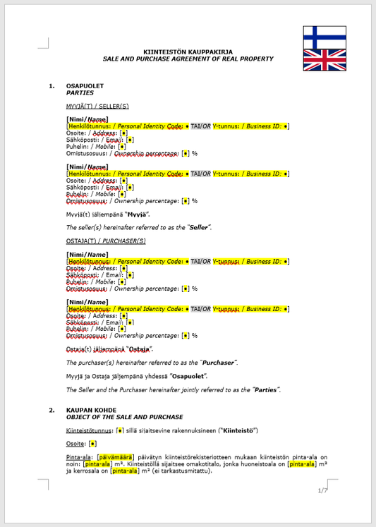 Kiinteistön kauppakirja / Sale and Purchase Agreement of Real Property